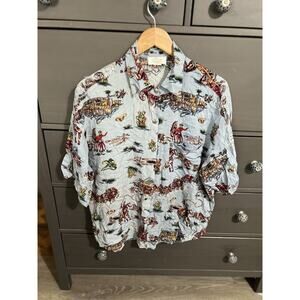 Vintage Maxou Women's Striped Button Down Rodeo Blouse Blue Cream Sz Large EUC